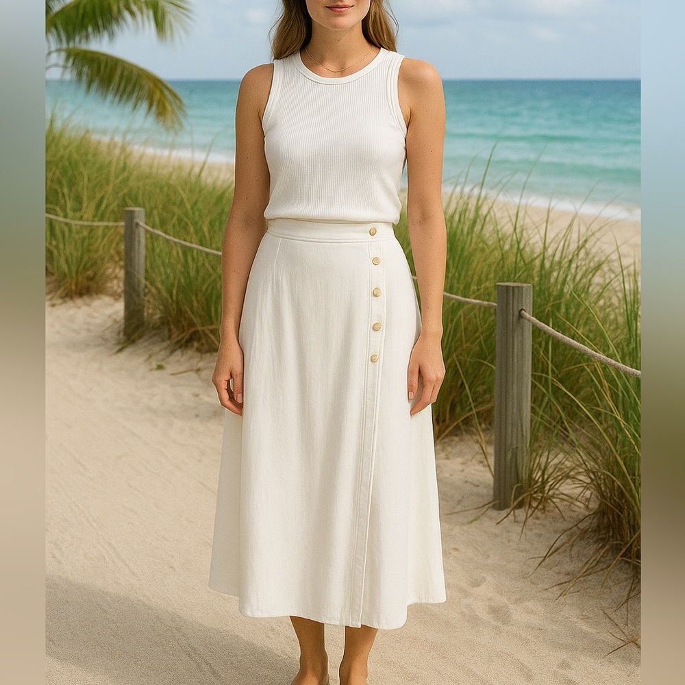 Something Navy High Waist Midi Skirt Button Front Side Slit in White Size S